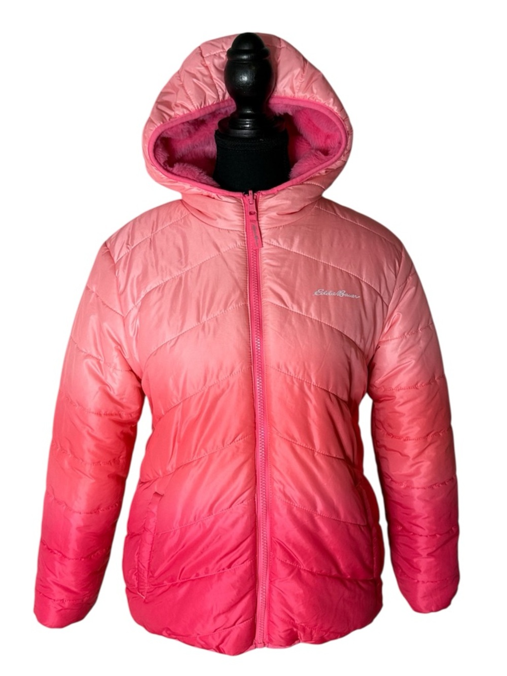 EDDIE BAUER Kids Deer Harbor Reversible Faux Fur Quilted Puff Coat Ombré Pink XL